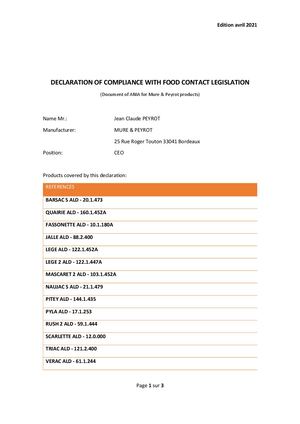 EN-Barsac S Ald Declaration Of Compliance With Food Contact Legislation