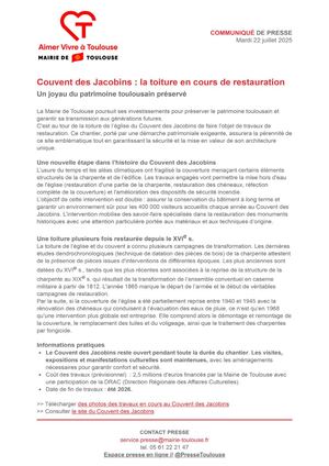 Communiqué De Presse | Travaux de restauration de la toiture du Couvent Des Jacobins