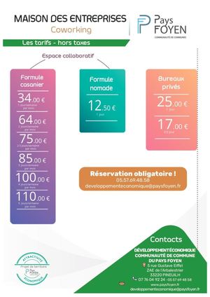 Tarifs Coworking Maison des entreprises Pays Foyen 2025
