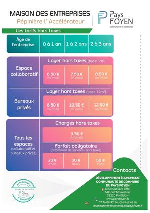 Maison des entreprises pépinière Tarifs Pays Foyen 2025
