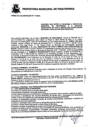 Termo de Colaboração nº 11/2023 - Prefeitura Municipal de Piratininga - Serviço de Proteção Social Especial - Centro Dia