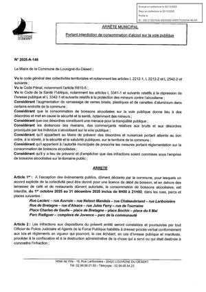 Arrété portant interdiction de consommation d'alcool sur la voie publique