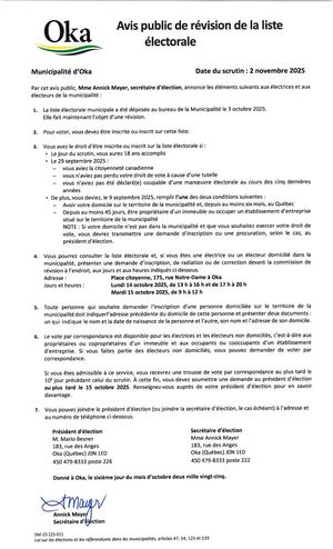 Avis public de révision de la liste électorale