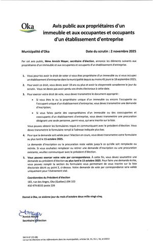 Avis public aux propriétaires d'un immeuble et aux occupantes et occupants d'un établissement d'entreprise