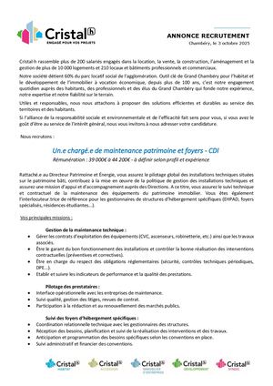 Annonce Chargé(e) De Maintenance Et Foyers
