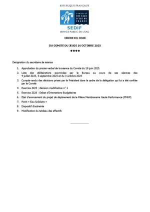 Ordre du jour Comité SEDIF 16 octobre 2025