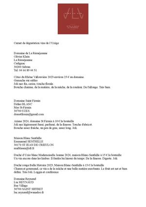 Carnet Degustation Uzege Oct 2025