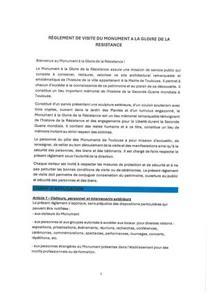 Règlement de visite - Monument à la Gloire de la résistance x Monuments de Toulouse