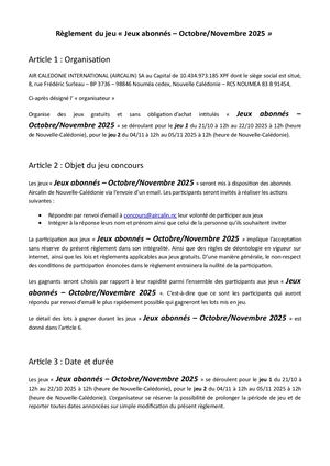 Règlement Jeux Abonnés – Octobre Novembre 2025 Aircalin