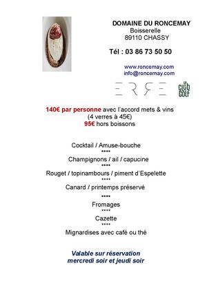 Menu Domaine Roncemay novembre 2025