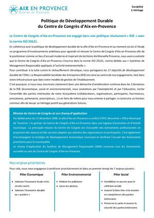 Politique de développement durable - norme ISO 20121 - Centre de Congrès d'Aix-en-Provence