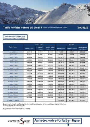 Tableau Prix Forfaits Pds