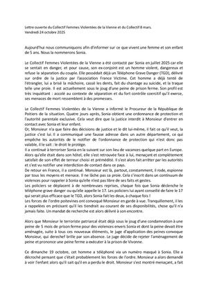 Lettre ouverte du Collectif Femmes Violentées de la Vienne et du Collectif 8 mars