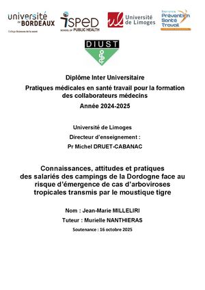 Connaissances, attitudes et pratiques des salariés des campings de la Dordogne face au risque d’émergence de cas d’arboviroses tropicales transmis par le moustique tigre