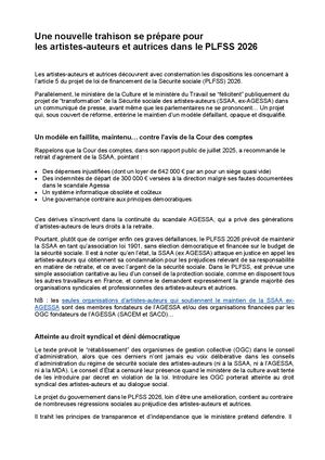 2025 10 27 Communique Intersyndical - les artistes-auteurs et autrices dans le PLFSS 2026