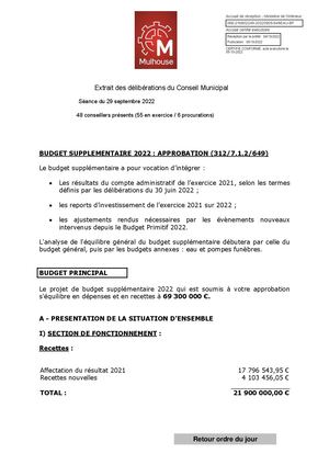 2022 : Budget supplémentaire