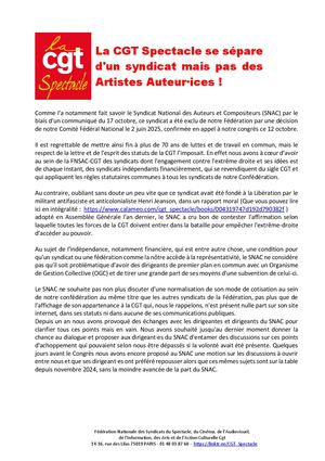 Cp Cgt spectacle Communique Snac 30 Octobre 2025