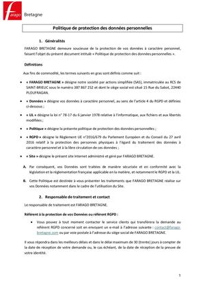 FARAGO BRETAGNE - Politique De Protection Des Données Personnelles