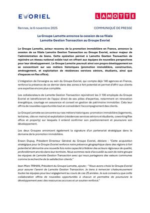 Le Groupe Lamotte annonce la cession de sa filiale  Lamotte Gestion Transaction au Groupe Evoriel- 6 novembre 2025