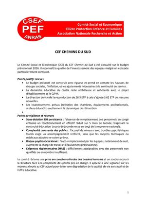 Budget Prévisionnel 2026 du CEF Chemins du Sud : Avis CSE