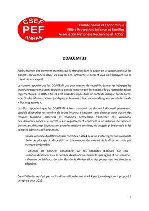 Budget Prévisionnel 2026 du DDAOEMI 31 : Avis CSE