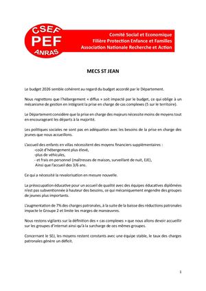 Budget Prévisionnel 2026 dela MECS St Jean : Avis CSE