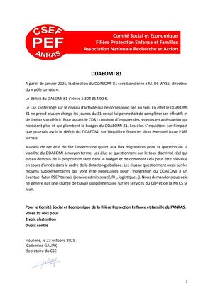 Budget Prévisionnel 2026 du DDAOEMI 81 : Avis CSE