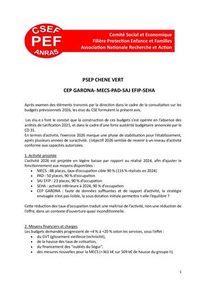Budget Prévisionnel 2026 du PSEP Chêne Vert : Avis CSE