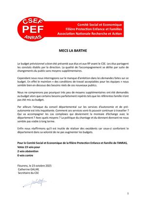 Budget Prévisionnel 2026 de la MECS La Barthe : Avis CSE