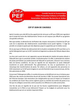 Budget Prévisionnel 2026 du CEPSt Jean du Caussels : Avis CSE
