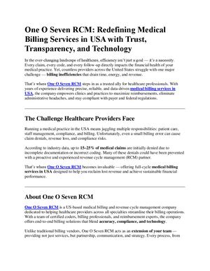 One O Seven RCM: Redefining Medical Billing Services in USA with Trust, Transparency, and Technology