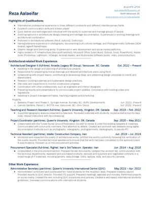 Reza Aalaeifar - Arch. Resume