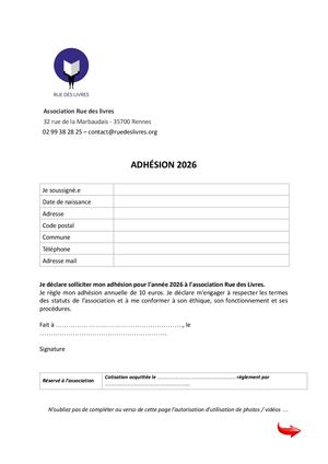 Fiche Adhésion Rue Des Livres 2026