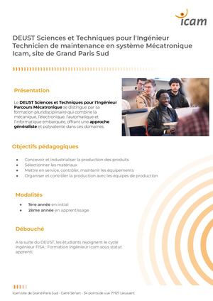 DEUST Sciences et Techniques pour l'Ingénieur Parcours Mécatronique - Icam, site de Grand Paris Sud