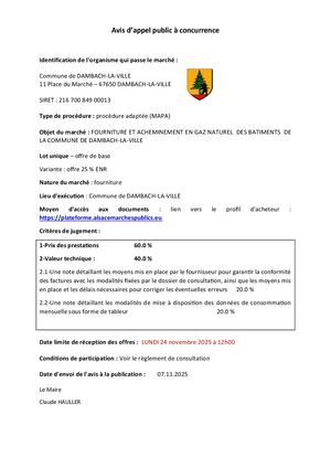 Avis d'appel public à la concurrence - Fourniture Gaz