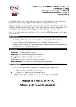Offre Professeur Maintenance Véhicule Auto Cifac