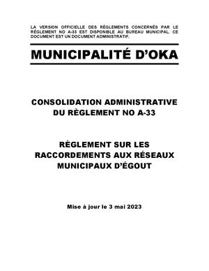 Règlement A-33 - Raccordements réseau d'égout (Consolidation administrative)