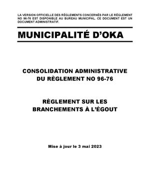 Règlement 96-76 - Branchements à l'égout (consolidation administrative)