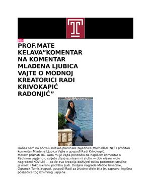 TROPOLJE INFO: PROF.MATE KELAVA”KOMENTAR NA KOMENTAR MLADENA LJUBICA VAJTE O MODNOJ KREATORICI RADI KRIVOKAPIĆ RADONJIĆ”