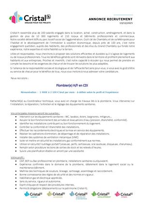 Annonce Recrutement Plombier