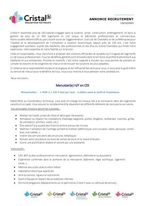 Annonce Recrutement Menuisier