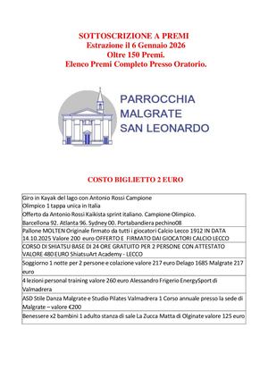 Parrocchia San Leonardo di Malgrate SOTTOSCRIZIONE A PREMI Estrazione il 6 Gennaio 2026