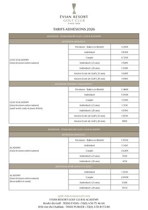 Tarifs Adhérents Evian Resort Golf Club 2022