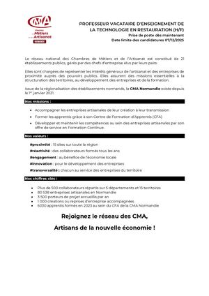 Offre Professeur D'enseignement Technologique En Restauration Dieppe