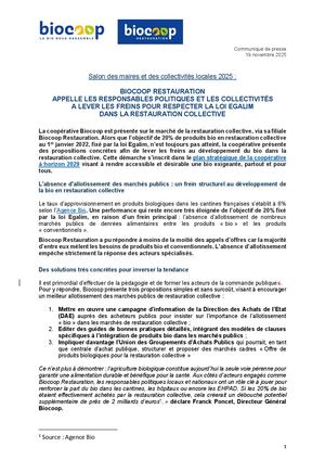 Biocoop Restauration appelle les responsables politiques et les collectivités à lever les freins pour respecter la loi Egalim dans la restauration collective - CP Novembre 2025