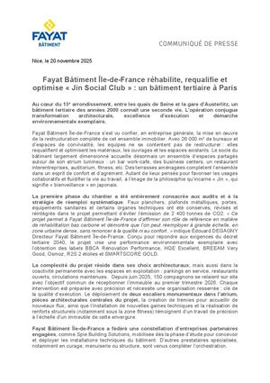 Communiqué de presse Jin Social Club Fayat Bâtiment