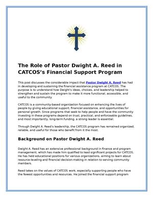 The Role of Pastor Dwight A. Reed in CATCOS’s Financial Support Program