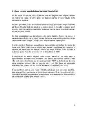 A Injusta Redução Ao Estado Laical Do Bispo Claudio Gatti