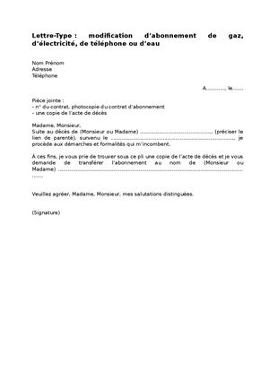 Modification D’abonnement De Gaz, D’électricité, De Téléphone Ou D’eau [livret deuil]