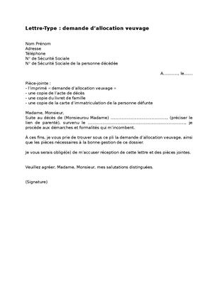Demande D’allocation Veuvage [livret deuil]